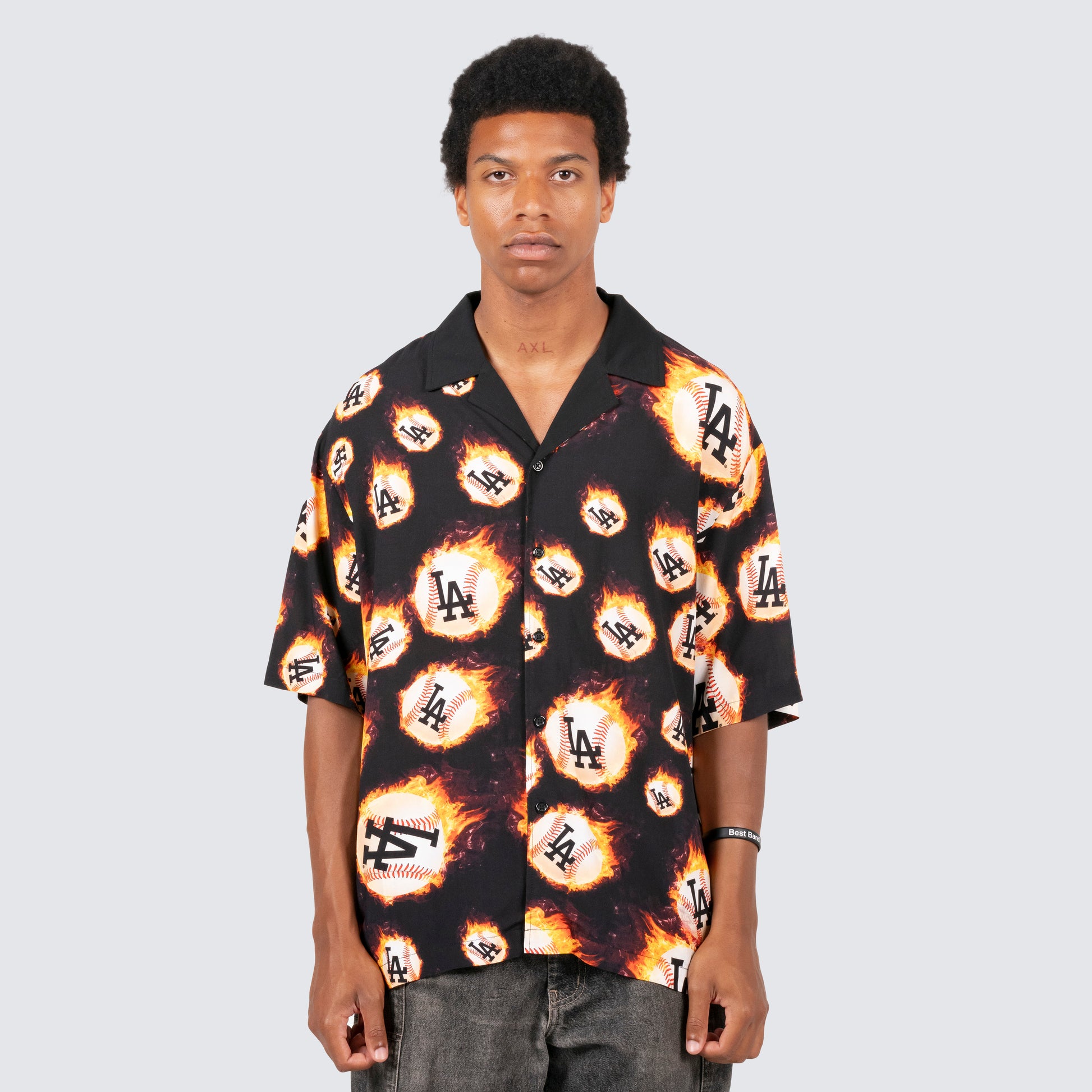 Men's Pleasures Black Los Angeles Dodgers Flame Fireball Button-Up Shirt Size: Extra Large