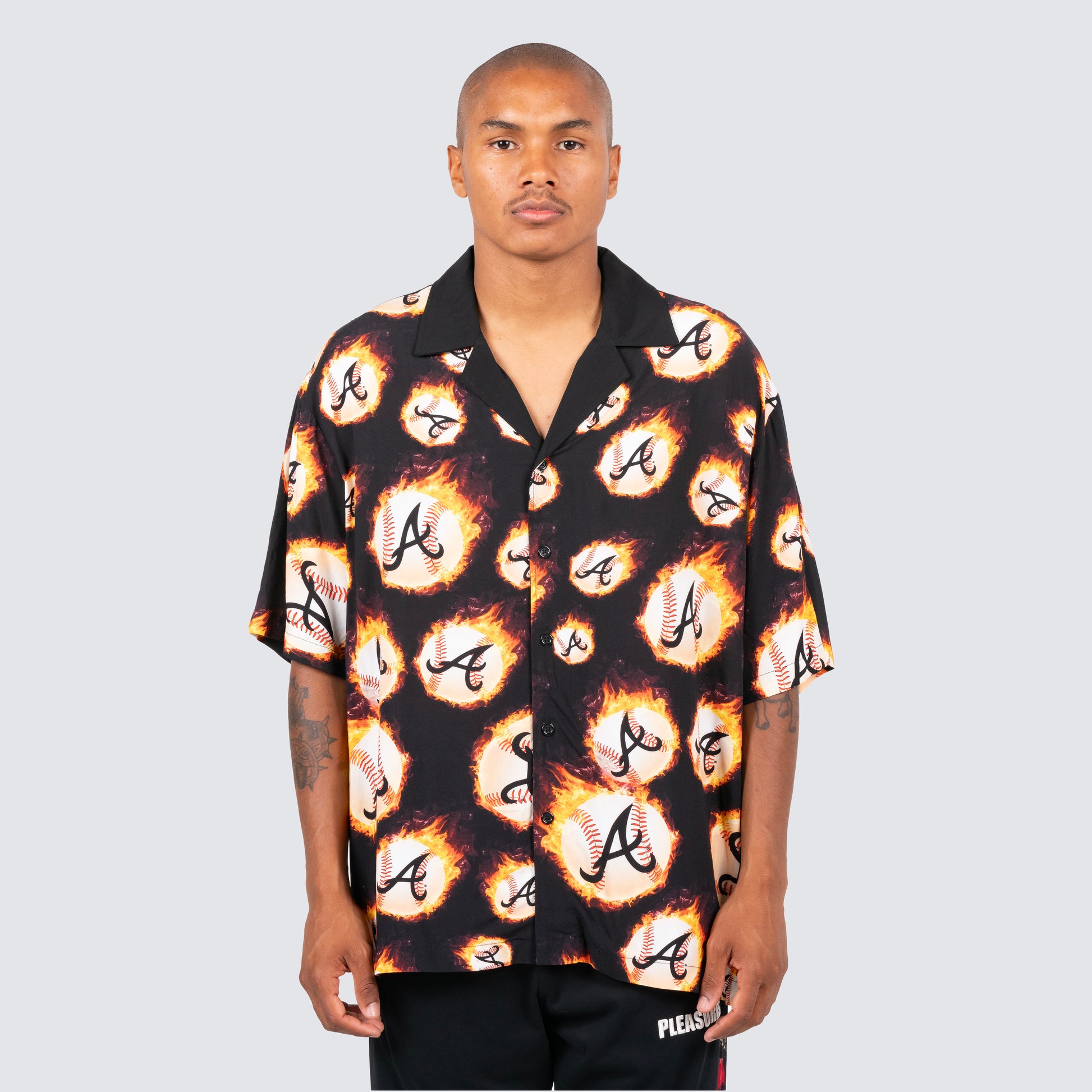 Men's Pleasures Black Atlanta Braves Flame Fireball Button-Up Shirt Size: Small