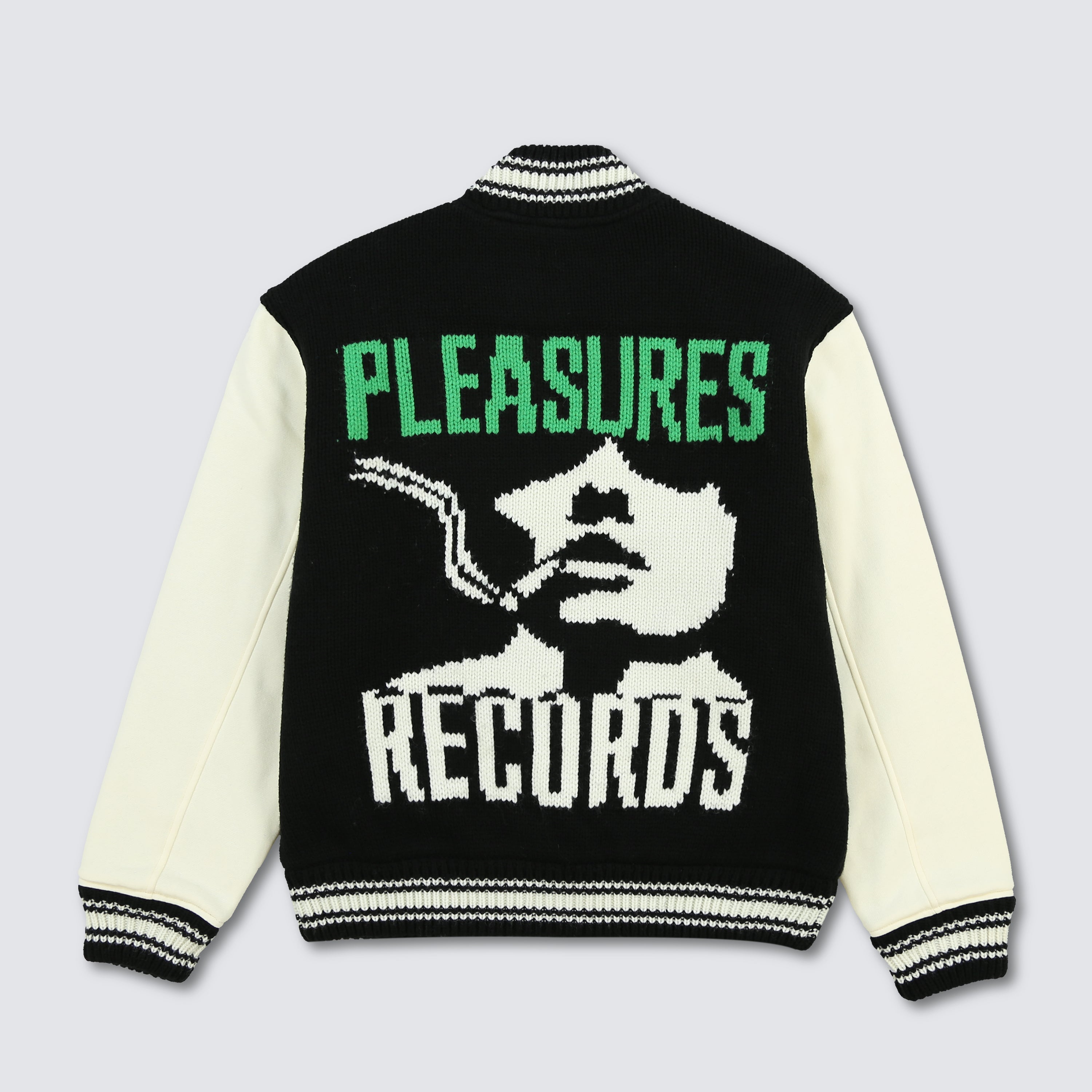 PLEASURES/プレジャーズ】SMOKE KNITTED VARSITY